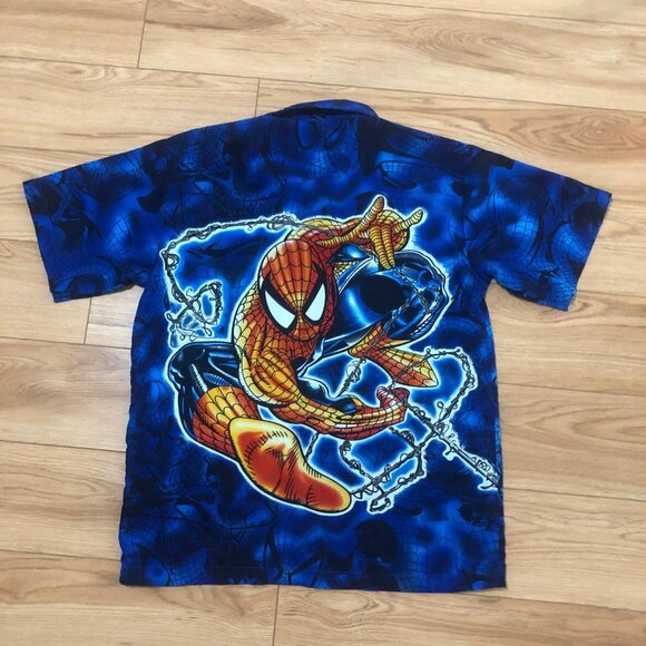 2002 RARE Marvel Tag SPIDER MAN Shirt Men's M Button Up Graphic All Over Blue - Picture 5 of 5